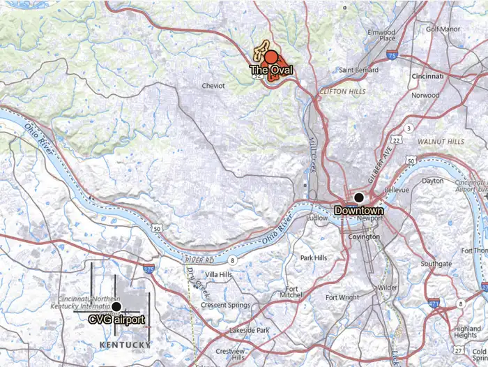 A topographic map of the Cincinnati area with three places marked: The Oval in Mt. Airy Forest where the race starts, downtown Cincinnati to the south east, and the CVG airport to the south west.